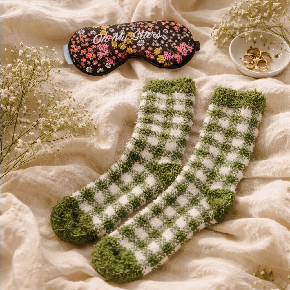 Cozy Chic Floral Eye Mask + Gingham Fuzzy Sock Set | Cottagecore Luxe Lounge